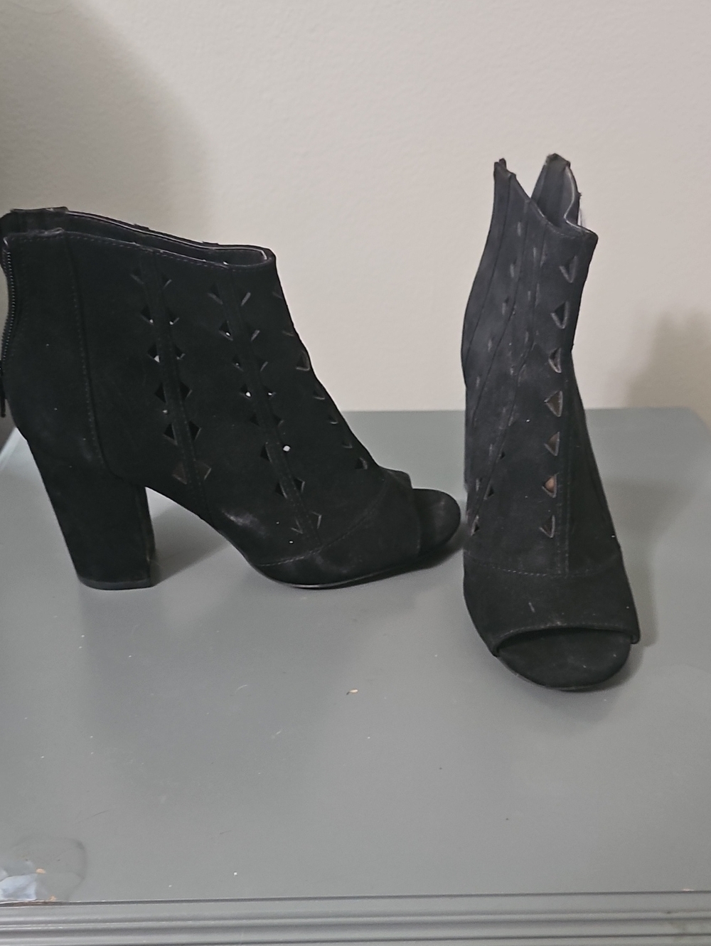 Black Suede Open-Toe Ankle Booties